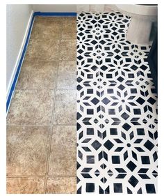 a bathroom with black and white tiles on the floor next to a toilet in it