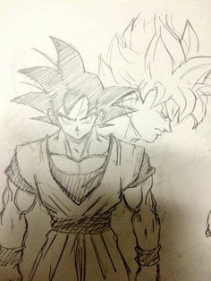 two sketches of the same character in dragon ball z super saihan, one with his hands on his hips