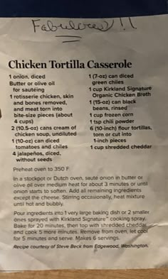 a chicken tortilla casserole recipe on a piece of paper