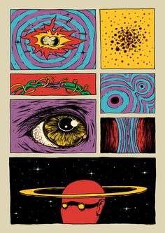 an image of some art work with different colors and shapes on it, including the eye