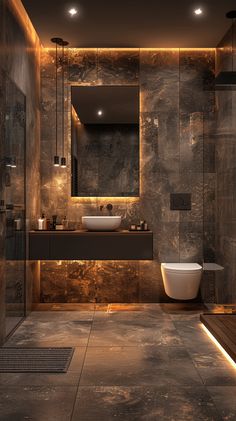 a modern bathroom with marble walls and flooring