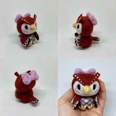 four different pictures of a stuffed animal in red and white colors, including an owl