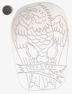 a drawing of an eagle sitting on top of a tree branch next to a penny