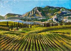 an oil painting of a vineyard in the mountains