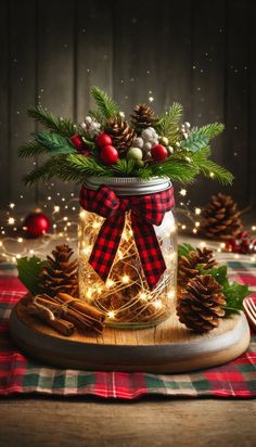 a mason jar filled with christmas lights and pine cones on top of a wooden table