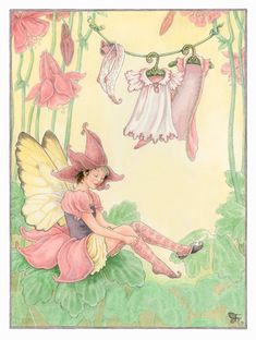 a drawing of a fairy sitting on the ground next to some clothes hanging from a line