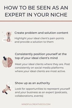 an info sheet with the words how to be seen as an expert in your niche