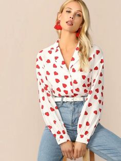 Search | SHEIN USA Print Blouse Outfit, Button Heart, Heart Print Blouse, White Blouses, Bishop Sleeve, Notch Collar, Spring Shirts, Churidar, Collar Blouse