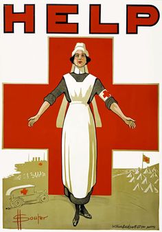 an old poster shows a nurse in front of a red cross sign that says help