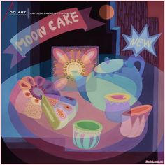 a painting of moon cake on a table with cups and saucers in front of it