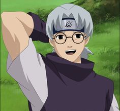 an anime character with grey hair and glasses holding his hands behind his head while looking at the camera