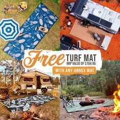 an aerial view of a camp site with fire, picnic table, and camping equipment