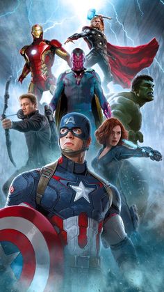 the avengers movie poster is shown with many different superheros in front of them, including captain