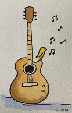 a drawing of a guitar with a bird sitting on it's neck and music notes coming out of its mouth