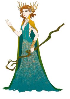 a woman in a blue dress holding a bow and arrow with horns on her head