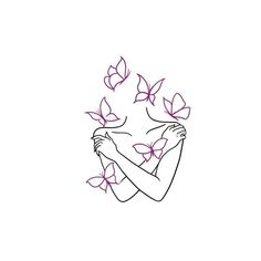 a drawing of a woman with pink butterflies on her head and arms behind her back