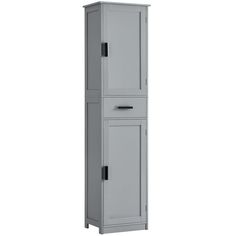 a tall gray cabinet with two doors on the front and one door open to reveal a drawer