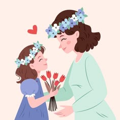 a mother and daughter giving flowers to each other