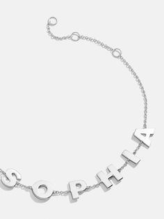 The custom bracelet gets a chic revamp with the 1Sterling Silver Custom Spaced Letter Name Bracelet. This silver piece fits up to eight letters of your choice and features extra elegant space in between each character, crafted with barely-there chain. The best part? It's designed with sterling silver, meaning you'll get to wear it for years to come. Silver Meaning, Custom Bracelet, Name Bracelet, Custom Bracelets, Silver Pieces, Custom Items, Silver Bracelets, Jewelry Sales, Fine Jewelry