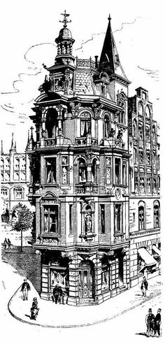 an old building with people on the street in front of it, vintage line drawing or engraving