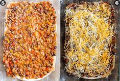 two different types of casserole in pans with cheese and other toppings