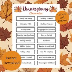 "Gather your loved ones for a Thanksgiving filled with laughter and entertainment with our Thanksgiving Charades Party Game. It's an activity suitable for all ages and adds a dash of fun and festivity to your Thanksgiving celebrations, whether it's with family or friends at Friendsgiving! Included: ~Three Thanksgiving Charades 8.5x11\" sheet (.pdf) ~ One Blank Charades 8.5x11\" sheet (.pdf) Thanksgiving Game Bundle: https://www.etsy.com/listing/1604873343 Note: This is an INSTANT DOWNLOAD. No physical product will be shipped. Due to the nature of this transaction, I cannot offer any refunds or exchanges on your purchase. How it works: * Purchase this listing * After your payment is confirmed, download your files directly from Etsy. Go to https://www.etsy.com/your/purchases to find your rea Thanksgiving Charades For Adults, Thanksgiving Activities For Family Fun, Thanksgiving For Couples, Thanksgiving Charades For Kids, Charade Ideas Funny, Friendsgiving Ideas Games, Friendsgiving Games For Adults, Kids Friendsgiving, Thanksgiving Games For Family