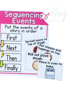 a pink and white sign that says sequenced events, put the events of a story in order