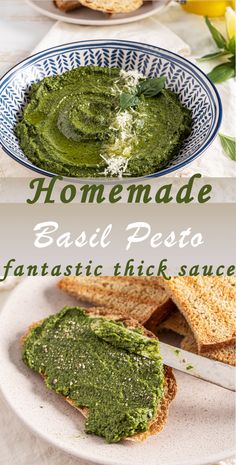 homemade basil pesto on toasted bread with garlic and parmesan cheese