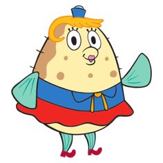 a cartoon character dressed as a fish with an orange hair and blue dress, standing in front of a white background