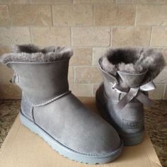 (eBay) Find many great new & used options and get the best deals for UGG MINI BAILEY BOW II GREY GRAY WATER-RESISTANT SUEDE BOOTS SIZE US 7 WOMENS at the best online prices at eBay! Free shipping for many products! Ugg Mini Bailey Bow, Grey Uggs, Mini Baileys, Shoe Ideas, Ugg Mini, Bailey Bow, Decorative Bows, Dream Shoes, Suede Boots