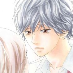 an anime character with grey hair and blue eyes is looking at another person's face