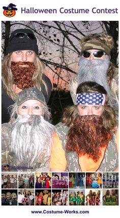 three men with fake beards and camouflage hats are posing for a photo in the woods