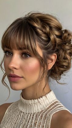 Stylish prom hairstyles medium length bangs for Twisted Updo with Side Fringe 🌟 Wedding Hairstyles With Bangs Updo, Wedding Hairstyles Fringe, Updo Bangs Wedding, Wedding Hairstyles With Fringe, Low Updo With Bangs, Wedding Hairstyles For Bangs, Wedding Guest Hairstyles Bangs