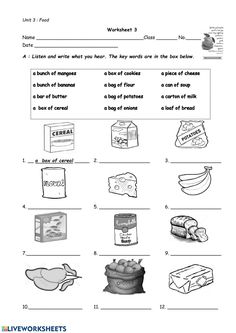 worksheet showing the different types of food