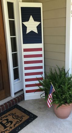 a potted plant sitting next to a door with an american flag painted on it