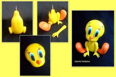 three pictures of yellow plastic toys with blue eyes and one has an orange balloon in the shape of a bird