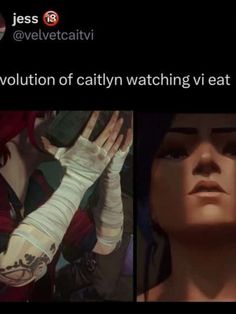 two screenshots of the same character holding their hands up to each other, with text that reads evolution of cattyn watching vi eat