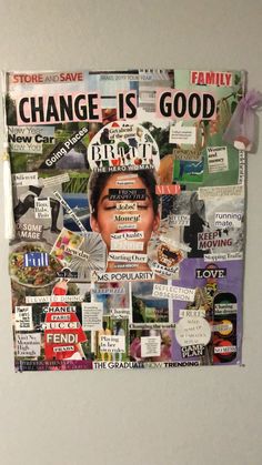 a refrigerator covered in magnets and pictures with words on it's front door