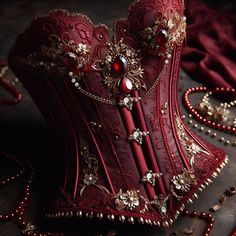 Corset With Jewelry, Vampire Inspired Dress, Red Female Suit, Red And Black Corset Outfit, Dragoncore Aesthetic Outfits, Villainess Dress, Jewelry Corset, Queen Of Hearts Aesthetic, Corset Drawing