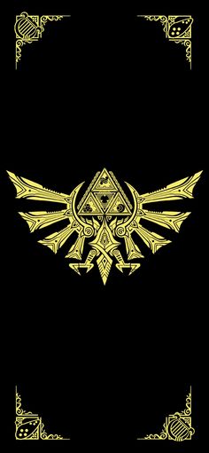 the legend of zelda's emblem is shown in gold on a black background