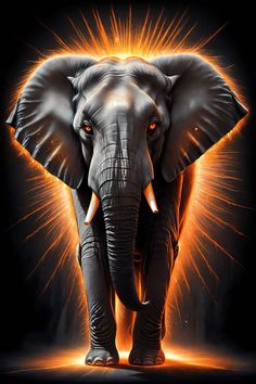 an elephant standing in front of a black background with orange light coming from its trunk