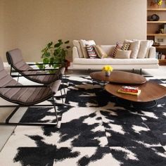 a living room filled with furniture and a rug on the floor in front of a book shelf