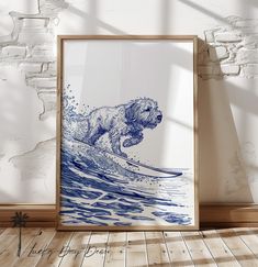 an art print of a dog riding a wave on a surfboard in blue ink