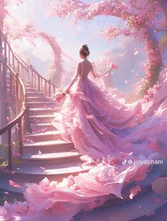 a woman in a pink dress is walking down some stairs with flowers on the ground