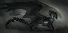 a black dragon with spikes on it's head is standing in front of a dark background