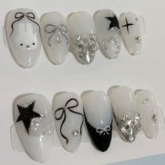 CathyNailsArt - Etsy French Tip Nail Designs Almond, Art French Nails, Nails Rabbit, White And Black Nails, Rabbit Nails, Nail Long, Nail Art French, Kids Nail Designs, Almond Press On Nails