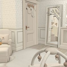 a baby's room is decorated in white and neutral colors with teddy bears on the floor