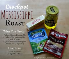 three different types of food on a table with the words crackpot mississippi roast next to it