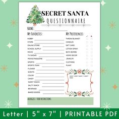 the secret santa question printable is shown on a green background with snowflakes