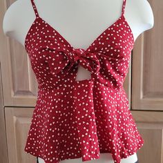 Adorable Front-Tie Red Peplum Top From Shein With White Hearts And Polka Dots, Size Medium Cute Red V-neck Top, Red Sleeveless Top With Cherry Print, Sleeveless Red Top With Cherry Print, Cute Red Tops For Vacation, Chic Red Tie-back Top, Chic Red Tie Back Top, Fitted Red Heart-shaped Top, Fitted Red Heart Print Top, Fitted Red Tops With Heart Print